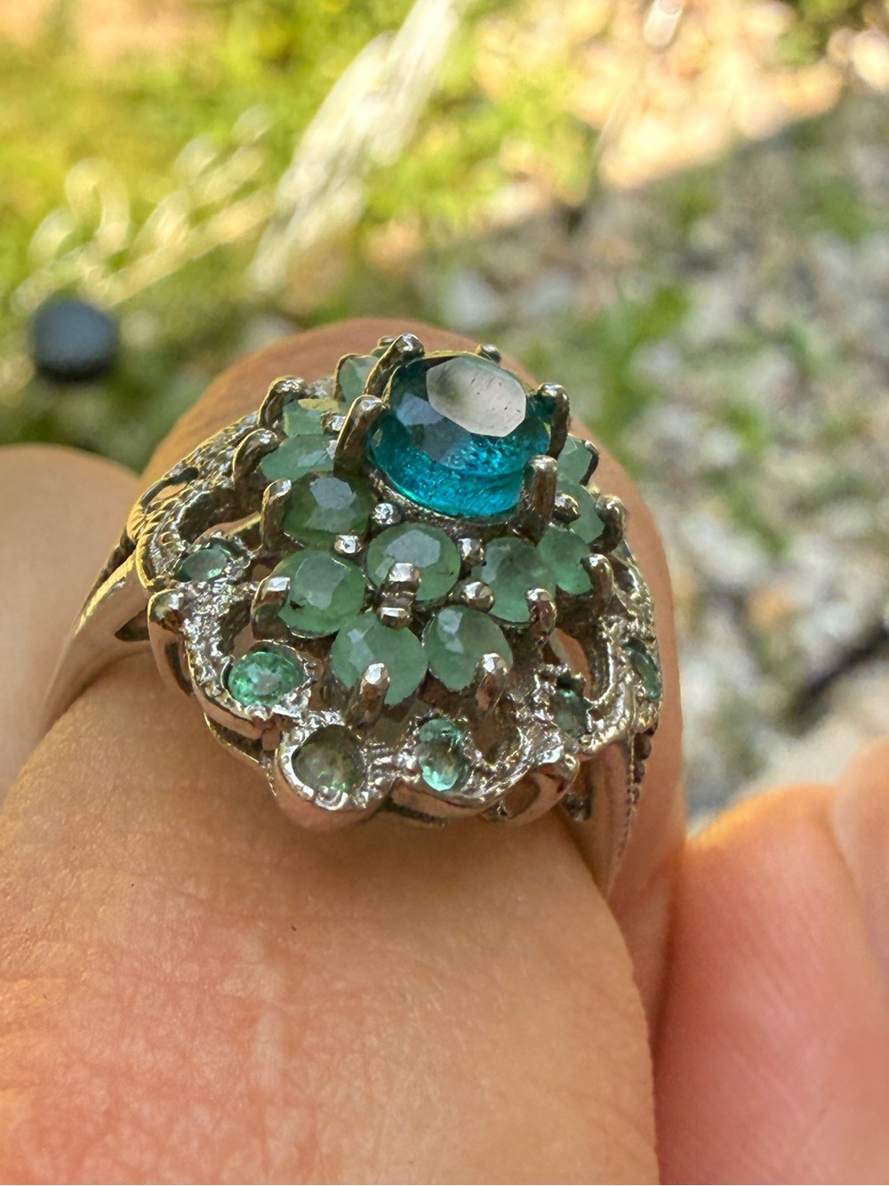Ethiopian Blue Opal & Emerald vintage 
Ring 925 Silver 14K WG Sz8.5 - Picture 15 of 17